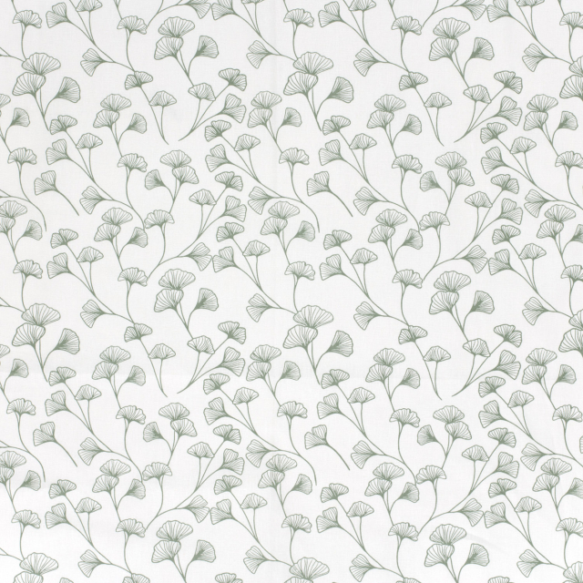 Bomullspoplin - Vit med gröna blad