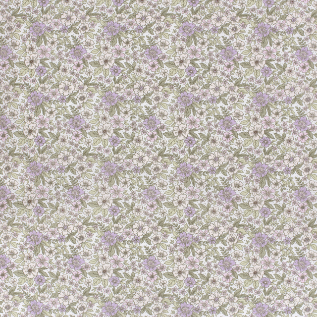 Bomullspoplin - Offwhite med lila och rosa blommor