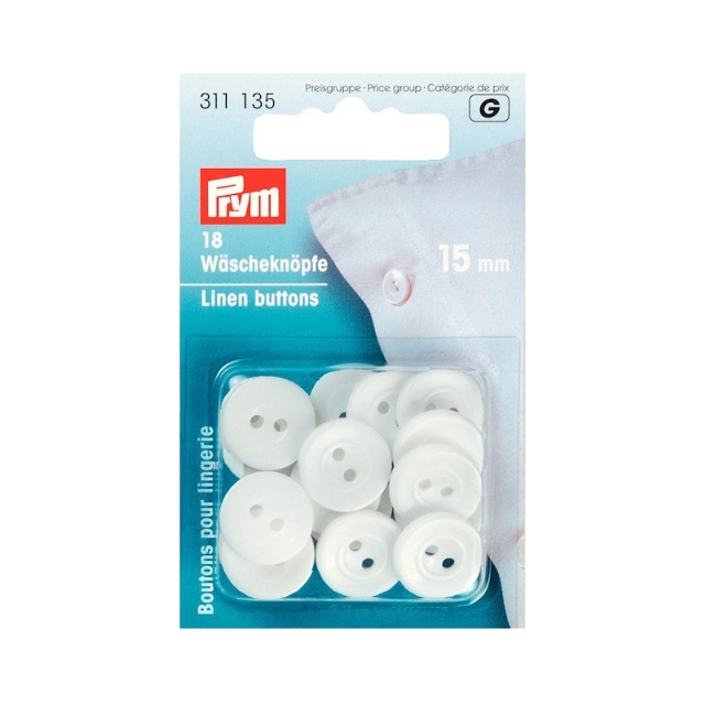 Tvättknappar, 15 mm, vit