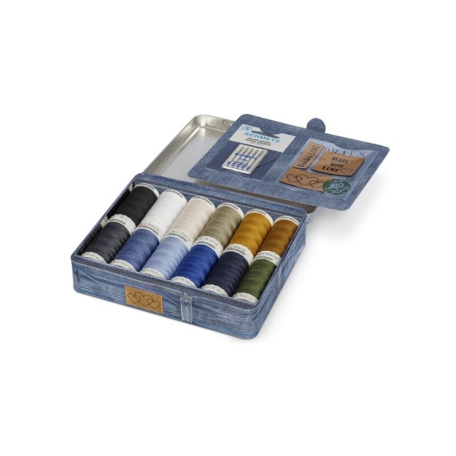 JEANSTRÅDBOX - DENIM MED NÅLAR OCH ETIKETTER