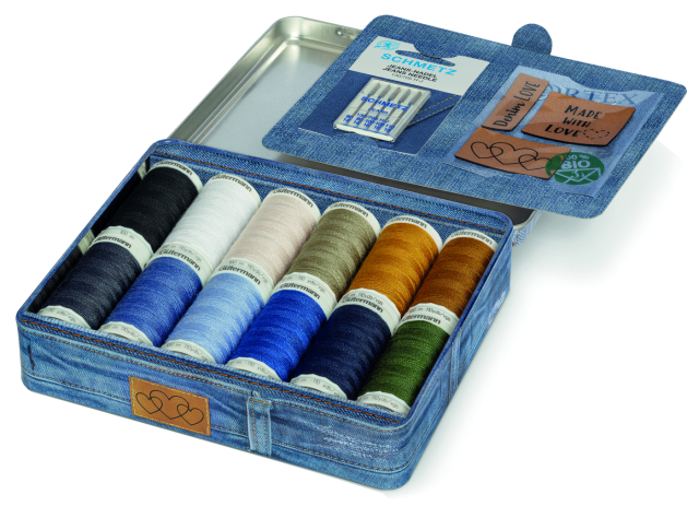 Gütermann Denim Box med jeansnålar och konstläderetiketter - 12 x 100m