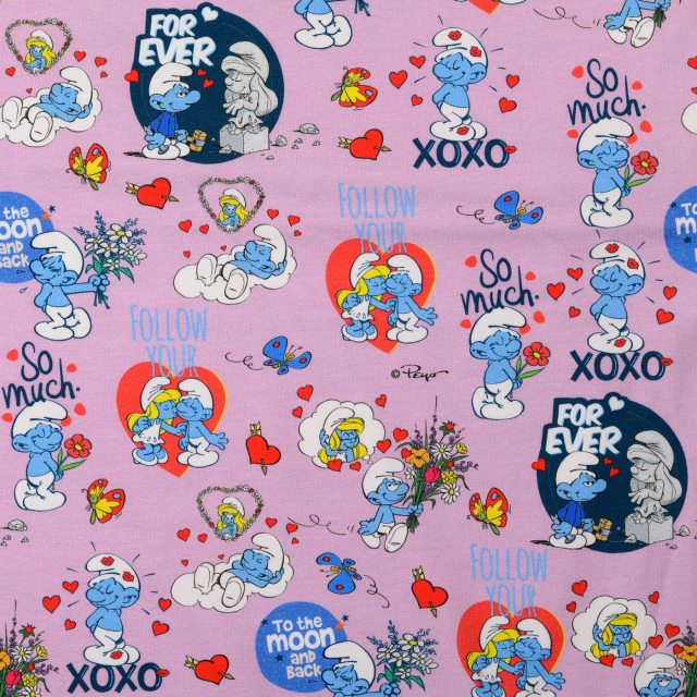 Trikåtyg Smurfarna Kärlek - Rosa botten