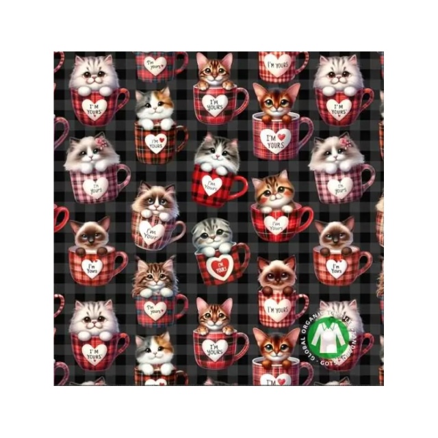 Jersey print with cute cats in heart cups